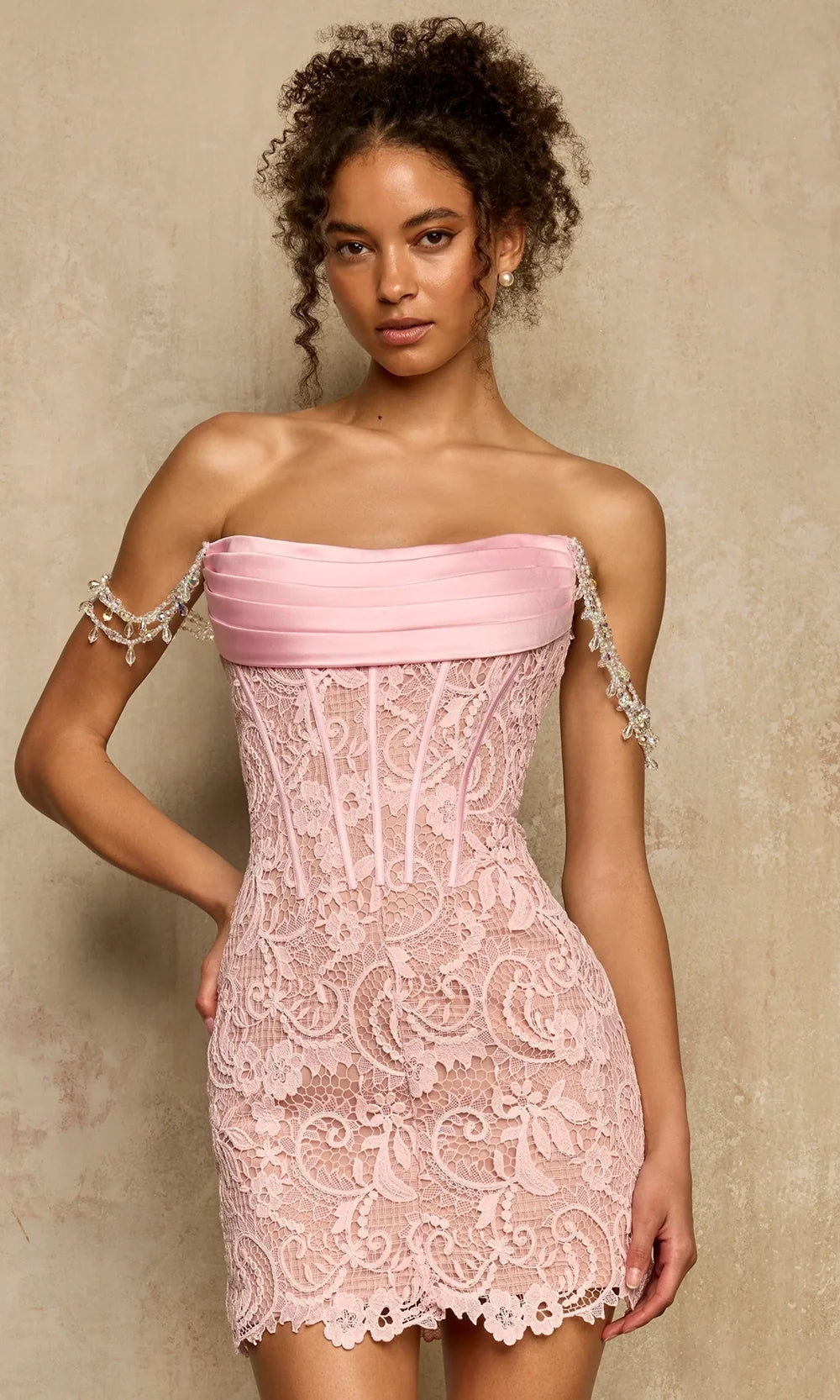 Sherri Hill 58395 - Beaded Off Shoulder Strap Lace Mini Dress In Pink and Neutral