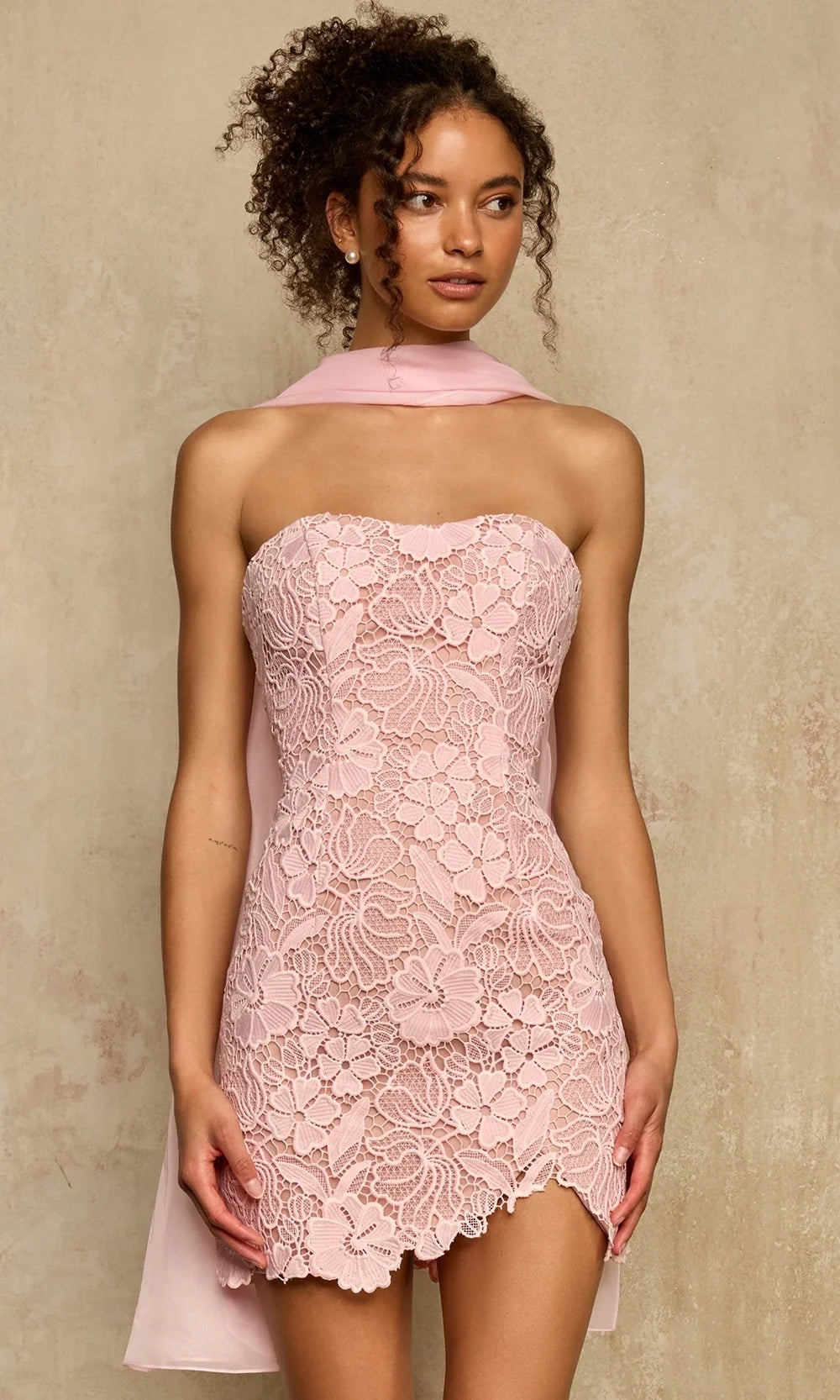Sherri Hill 58397 - Floral Lace Strapless Sheath Cocktail Dress In Pink Nude