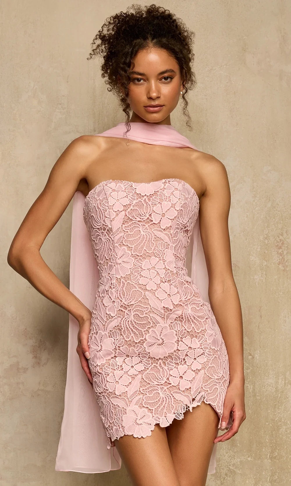 Sherri Hill 58397 - Floral Lace Strapless Sheath Cocktail Dress In Pink Nude