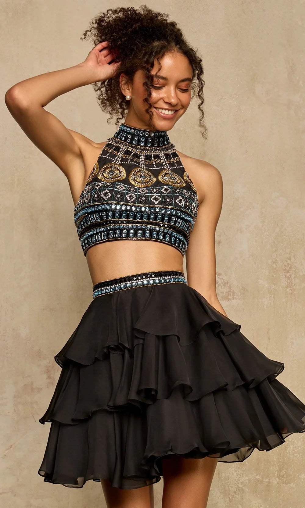 Sherri Hill 58399 - Embellished Halter Tiered Ruffle Dress