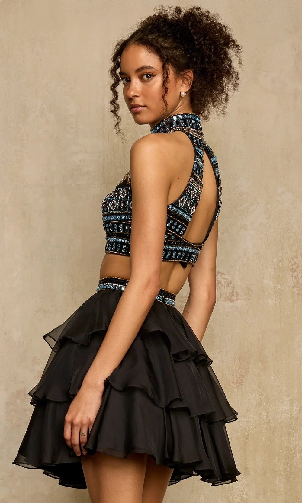 Sherri Hill 58399 - Embellished Halter Tiered Ruffle Dress