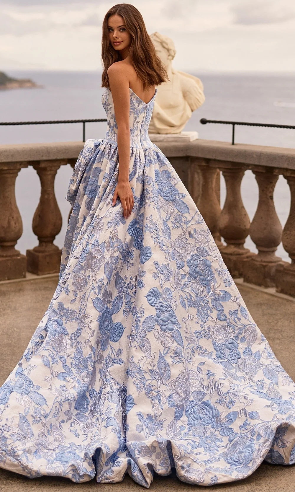 Sherri Hill 58092 - Scoop Floral Brocade High Low Gown In Blue