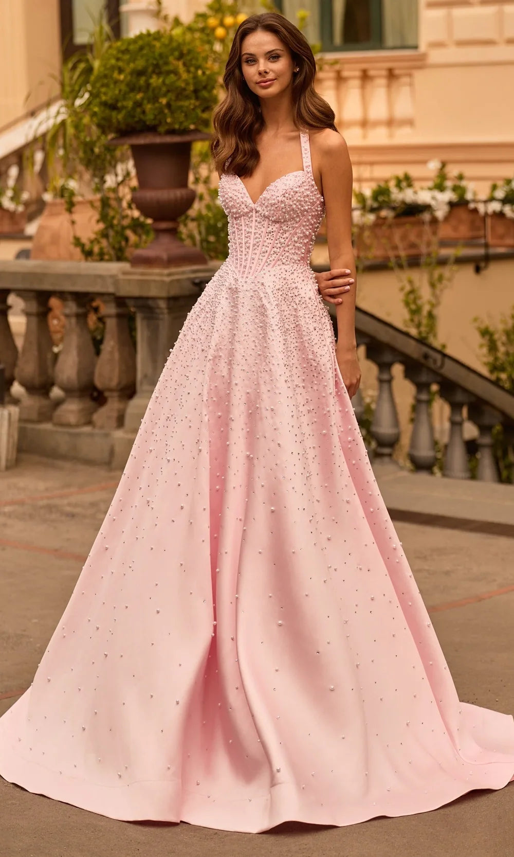 Sherri Hill 58096 - Pearl Drenched Sweetheart Halter Gown In Pink Silver