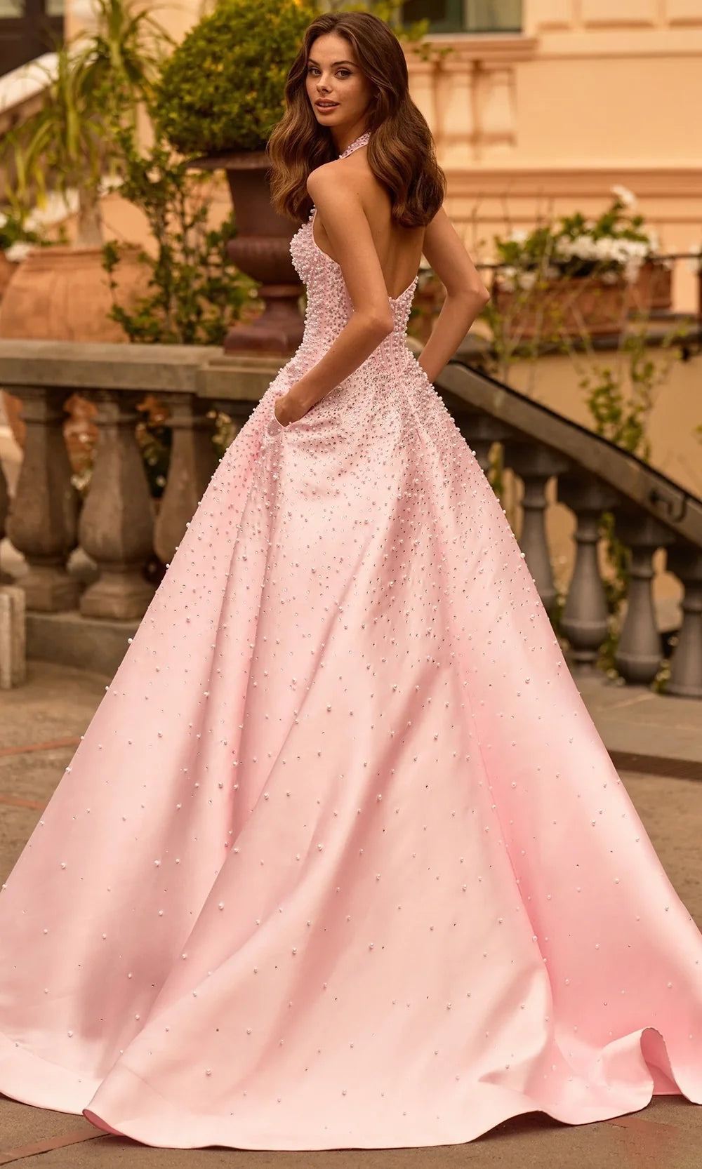 Sherri Hill 58096 - Pearl Drenched Sweetheart Halter Gown In Pink Silver