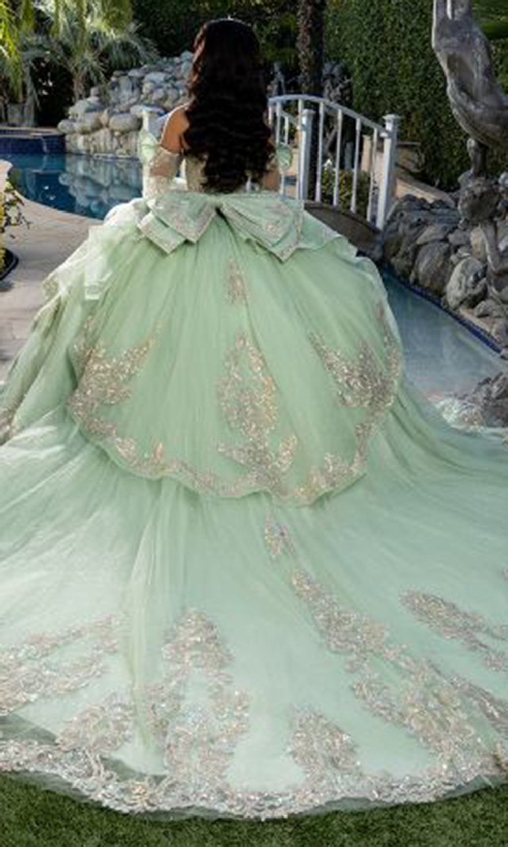 May Queen LK291 - Illusion Sleeve Beaded Applique Layered Ballgown
