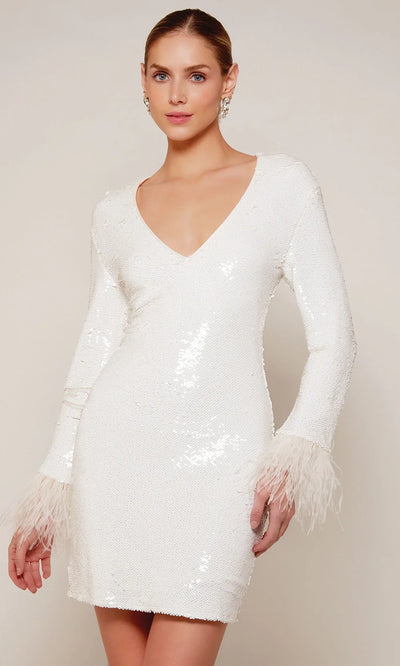 Alyce Paris 70027 - Feather Cuffs V-Neck Sheath Dress Wedding Guest