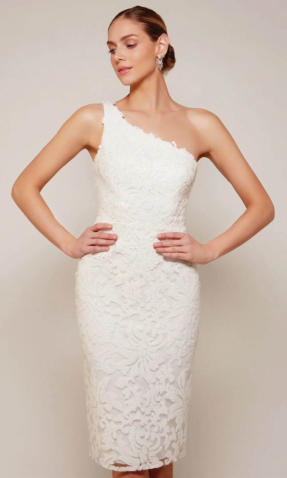 Alyce Paris 70029 - Knee-length Sheath Dress - One Shoulder Wide Strap, Sequin, Lace Applique, Mid-Open Back, Center Back Slit 18 / Ivory Alyce Paris 70029 - Knee-length Sheath Dress - One Shoulder Wide Strap, Sequin, Lace Applique, Mid-Open Back, Center Back Slit 18 / Ivory