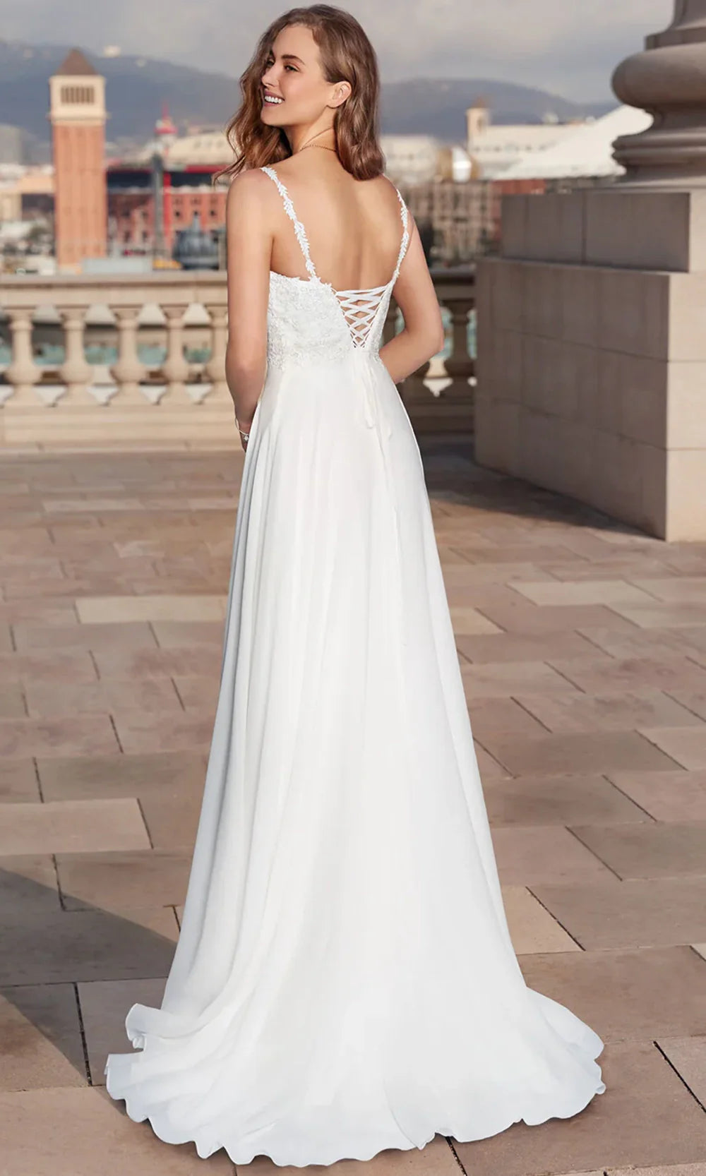 Alyce Paris 7018 - Long Chiffon/Lace A-Line Dress - Appliqued Thin Straps, Embroidery, Lace-Up Back, Sweep Train, Layered Skirt 14 / Diamond White Alyce Paris 7018 - Long Chiffon/Lace A-Line Dress - Appliqued Thin Straps, Embroidery, Lace-Up Back, Sweep Train, Layered Skirt 14 / Diamond White