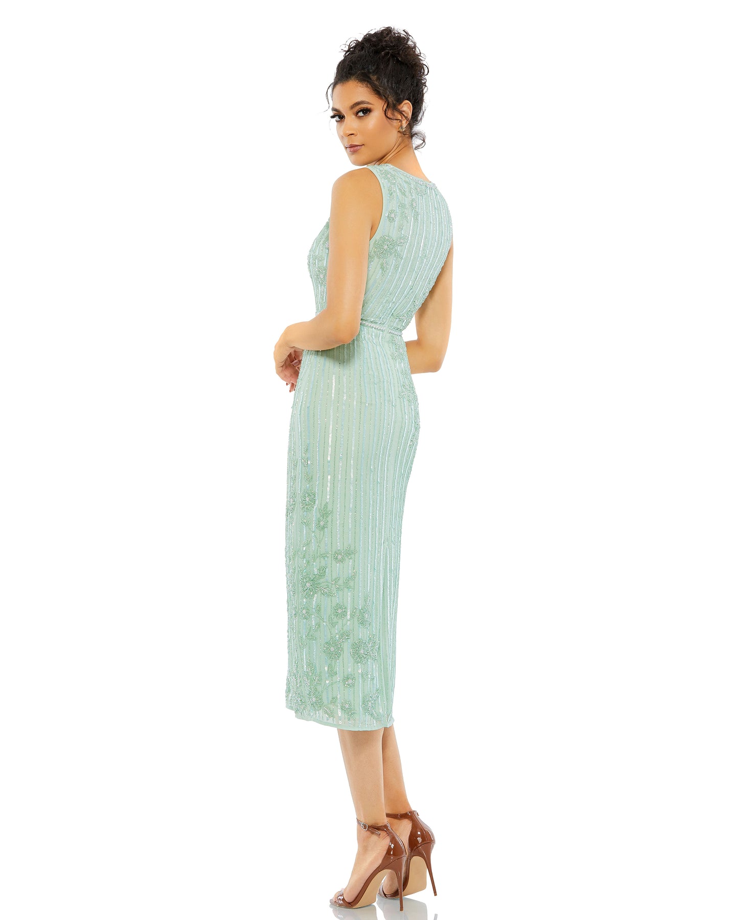 Mac Duggal Cocktail 70260D - Floral Beaded Tea-Length Cocktail Dress