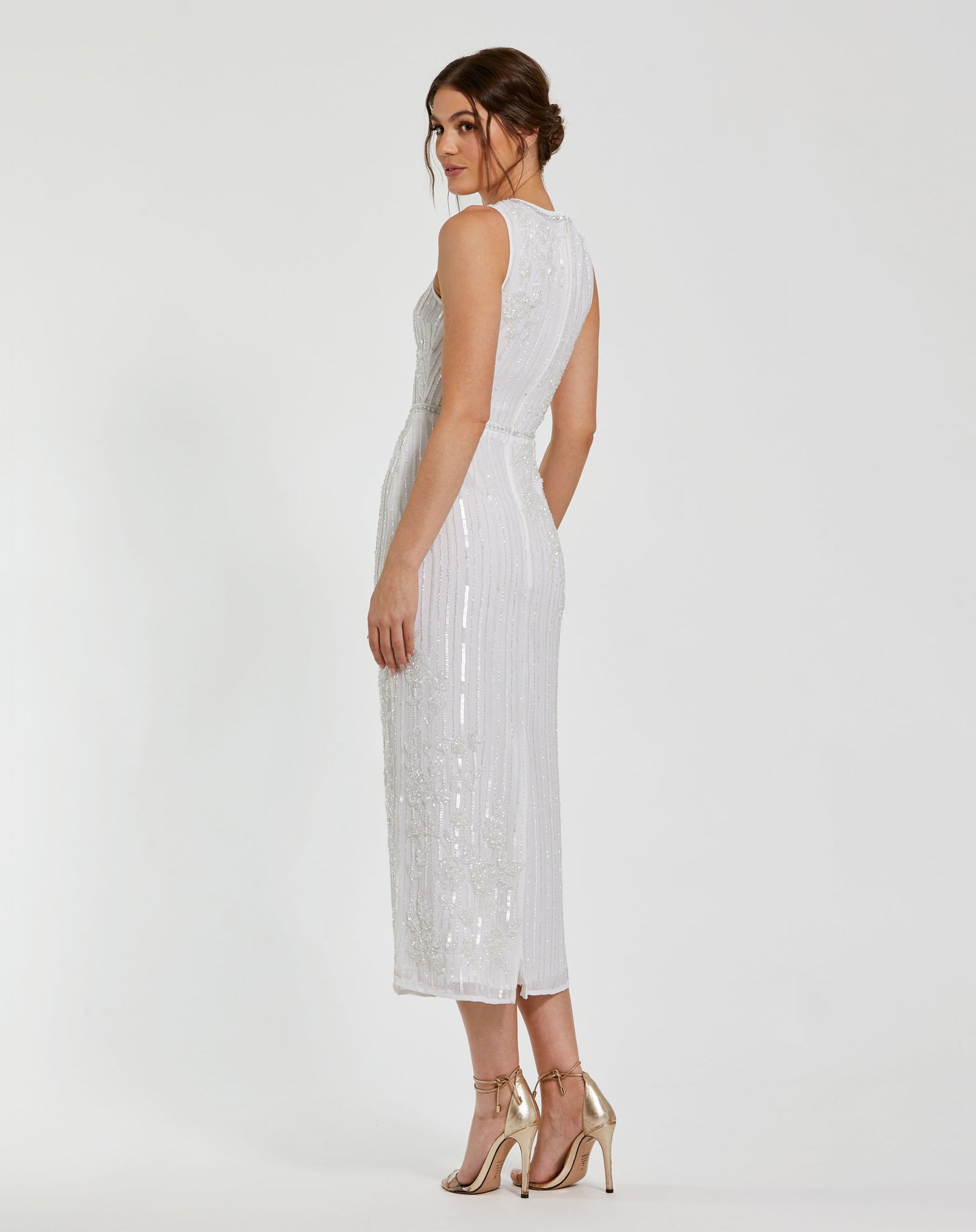 Mac Duggal Cocktail 70260D - Floral Beaded Tea-Length Cocktail Dress