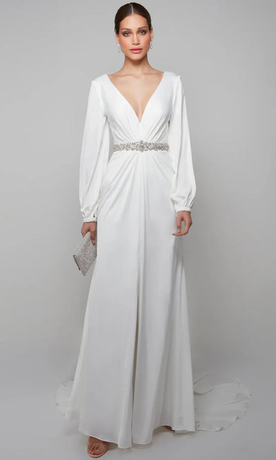Alyce Paris 7070 - Embellished Waist V-Neck Wedding Dress Wedding Dresses
