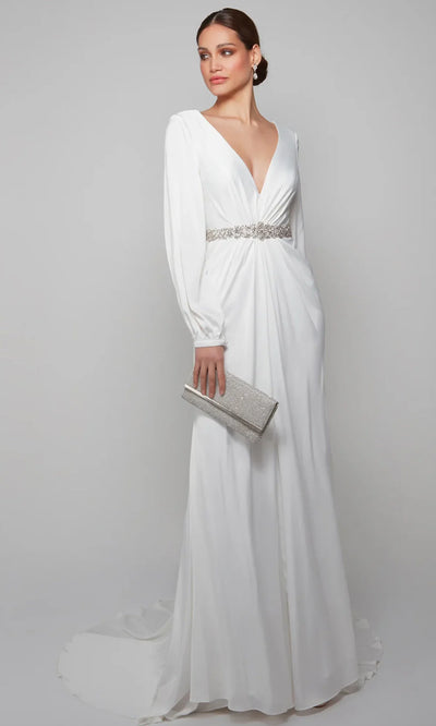 Alyce Paris 7070 - Embellished Waist V-Neck Wedding Dress Wedding Dresses