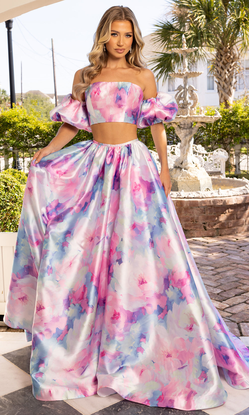 Rachel Allan 70921 - Floral Print Straight Neck Gown with Puff Sleeves Prom Dresses in Pink