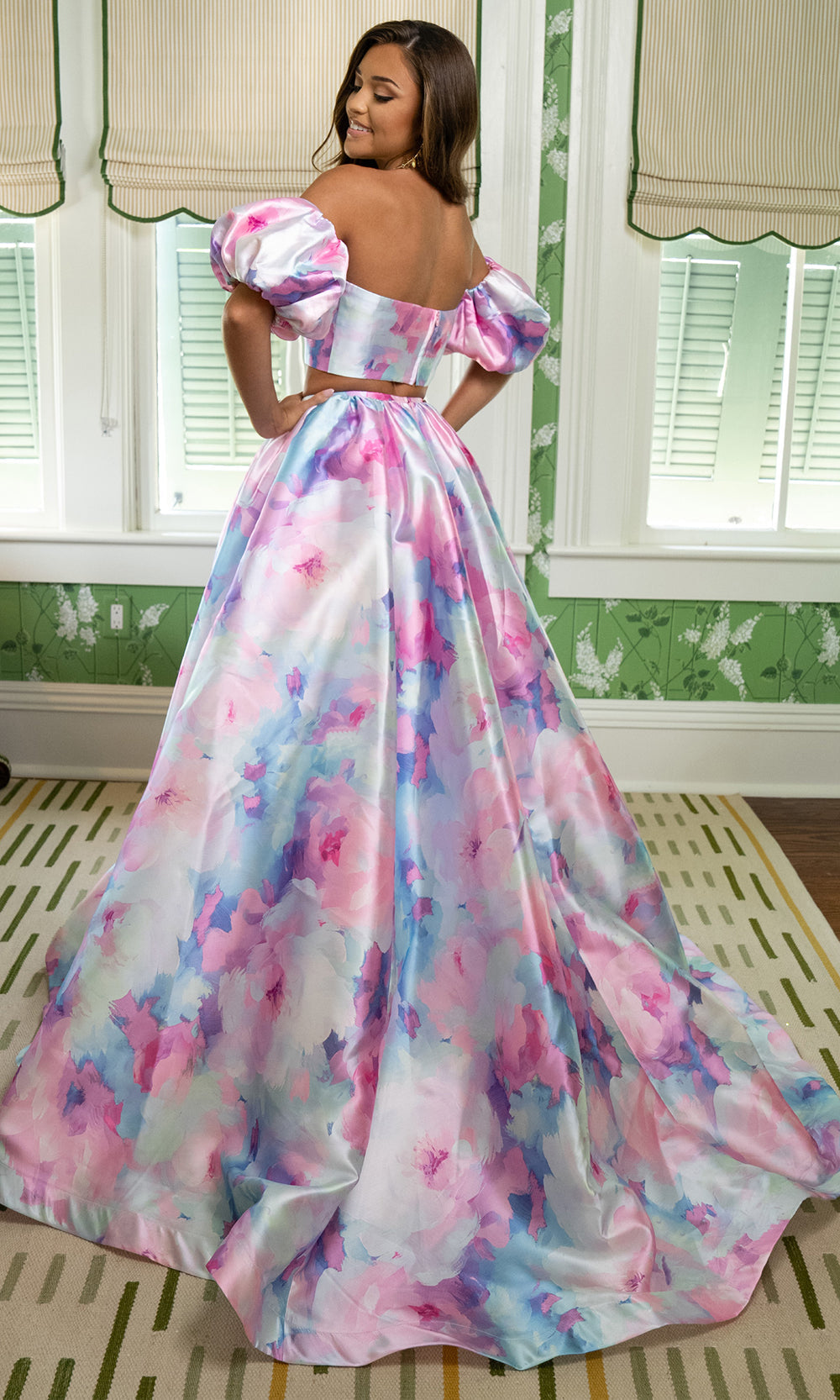 Rachel Allan 70921 - Floral Print Straight Neck Gown with Puff Sleeves Prom Dresses in Pink