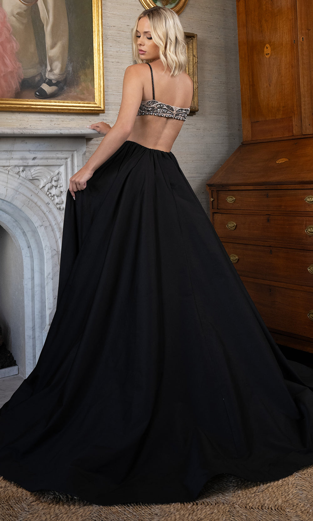 Rachel Allan 70929 - Dazzling Beaded V-Neckline Tulle Gown Prom Dresses in Nude Black