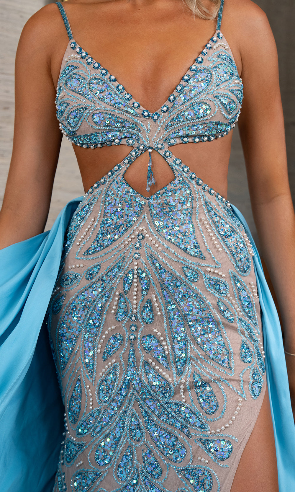 Rachel Allan 70929 - Dazzling Beaded V-Neckline Tulle Gown Prom Dresses in Nude Turquoise