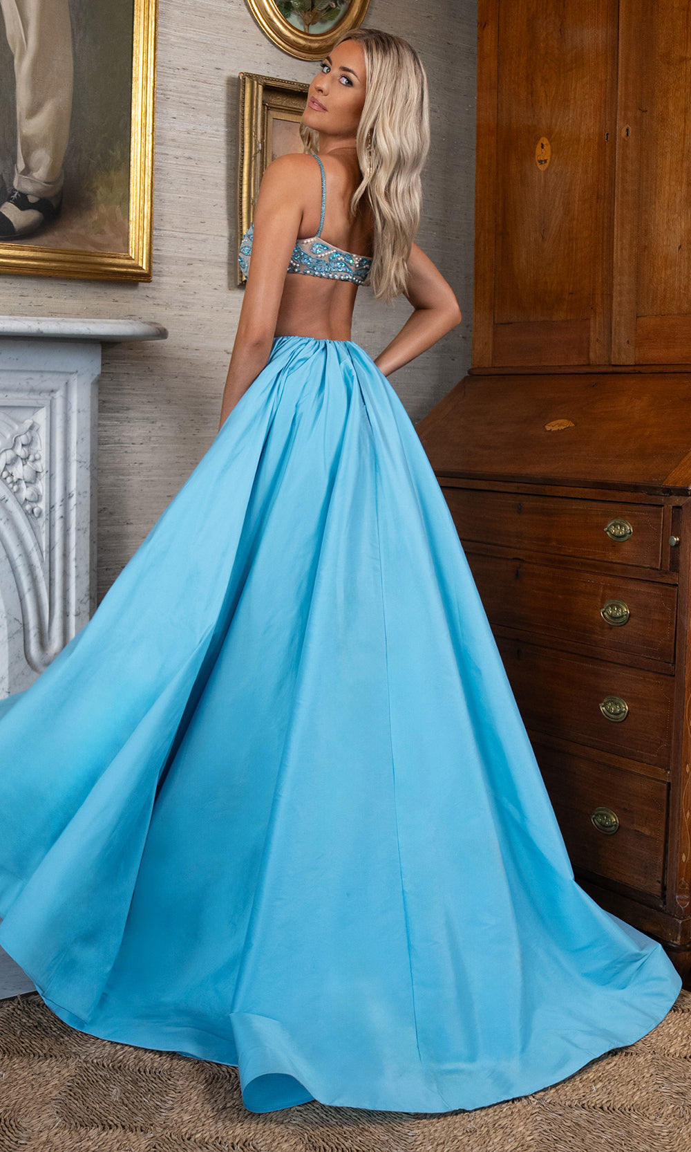 Rachel Allan 70929 - Dazzling Beaded V-Neckline Tulle Gown Prom Dresses in Nude Turquoise