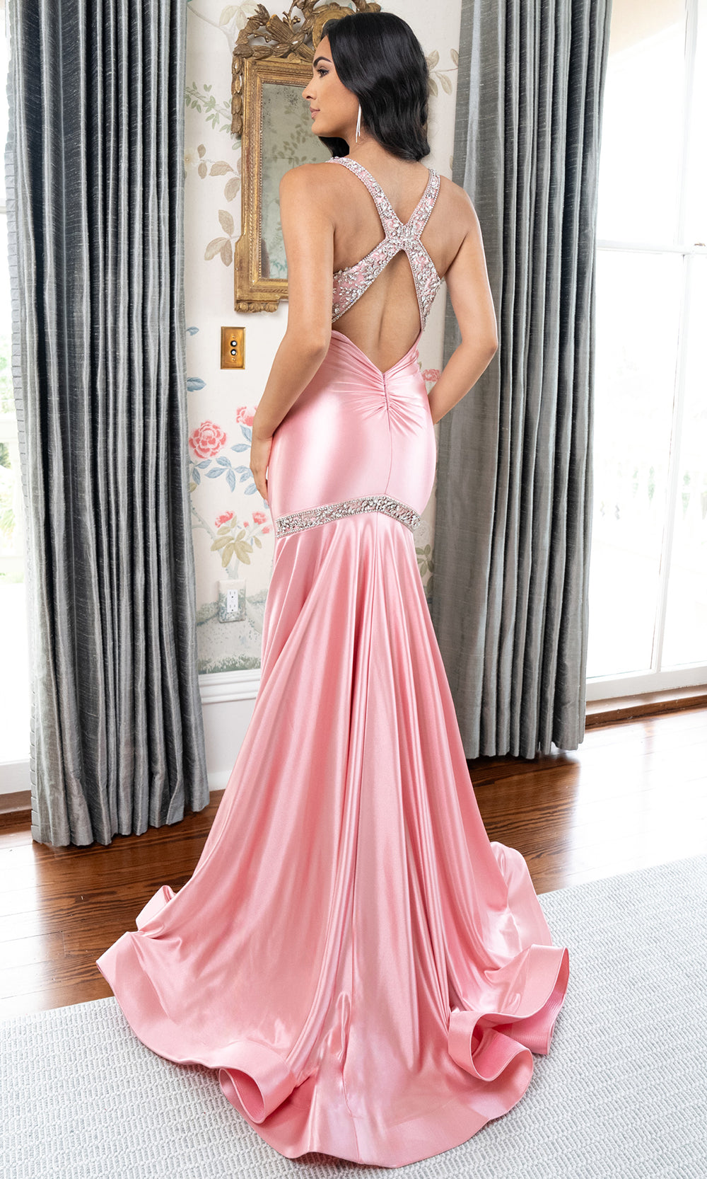 Rachel Allan 70932 - Crystal Beaded Crisscross Back Evening Gown Prom Dresses in Pink