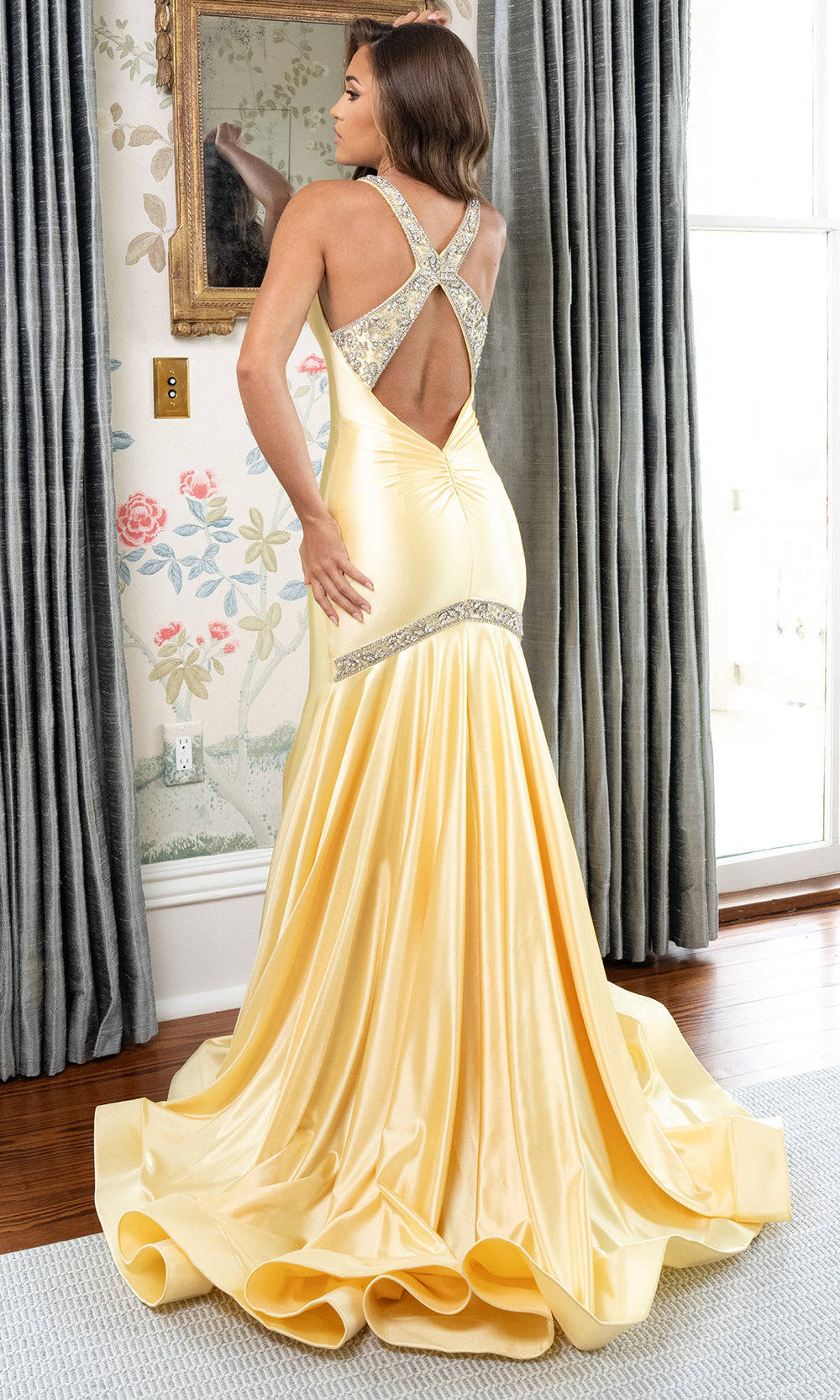 Rachel Allan 70932 - Crystal Beaded Crisscross Back Evening Gown Prom Dresses in Yellow