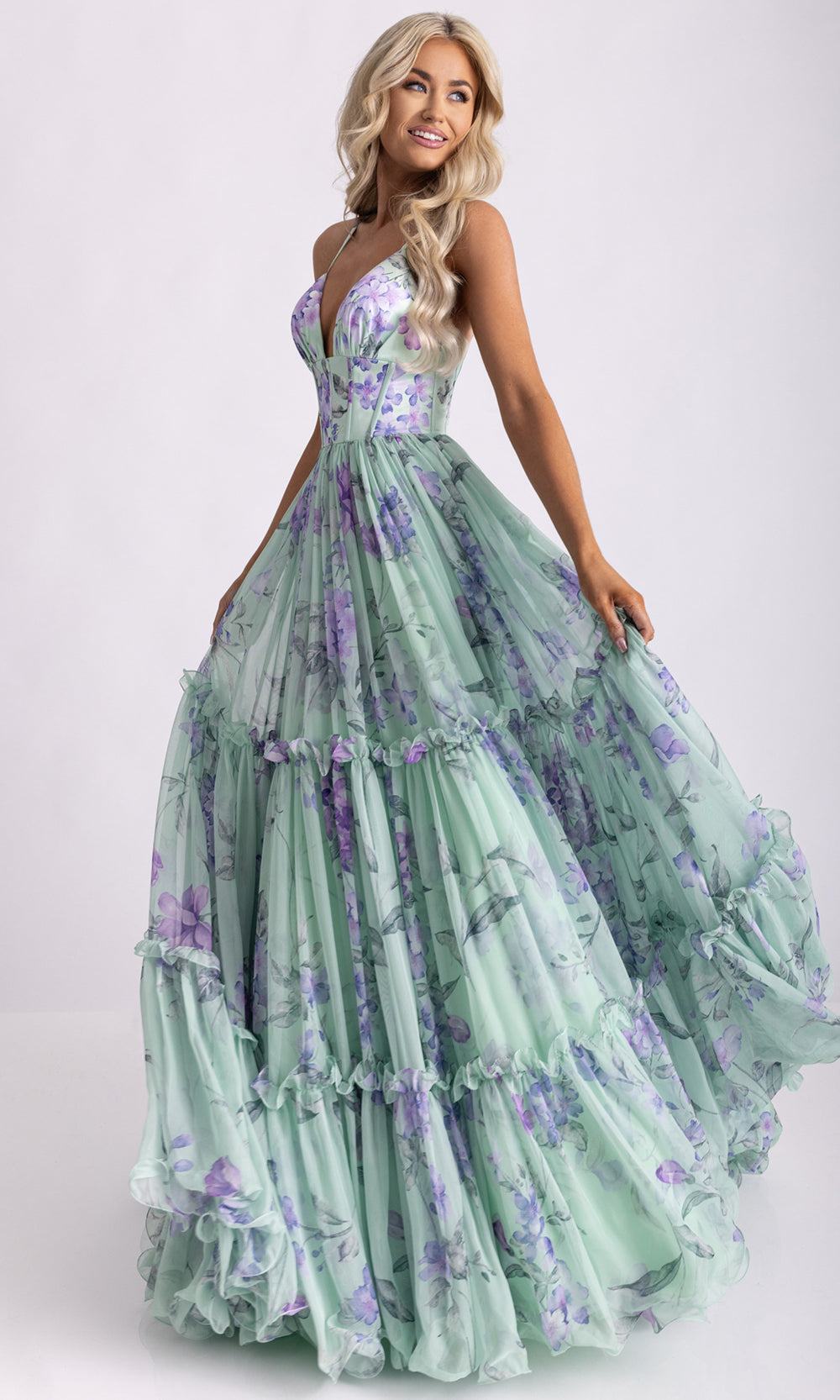 Rachel Allan 70935 - Open Back Floral Print Long Gown Prom Dresses in Green