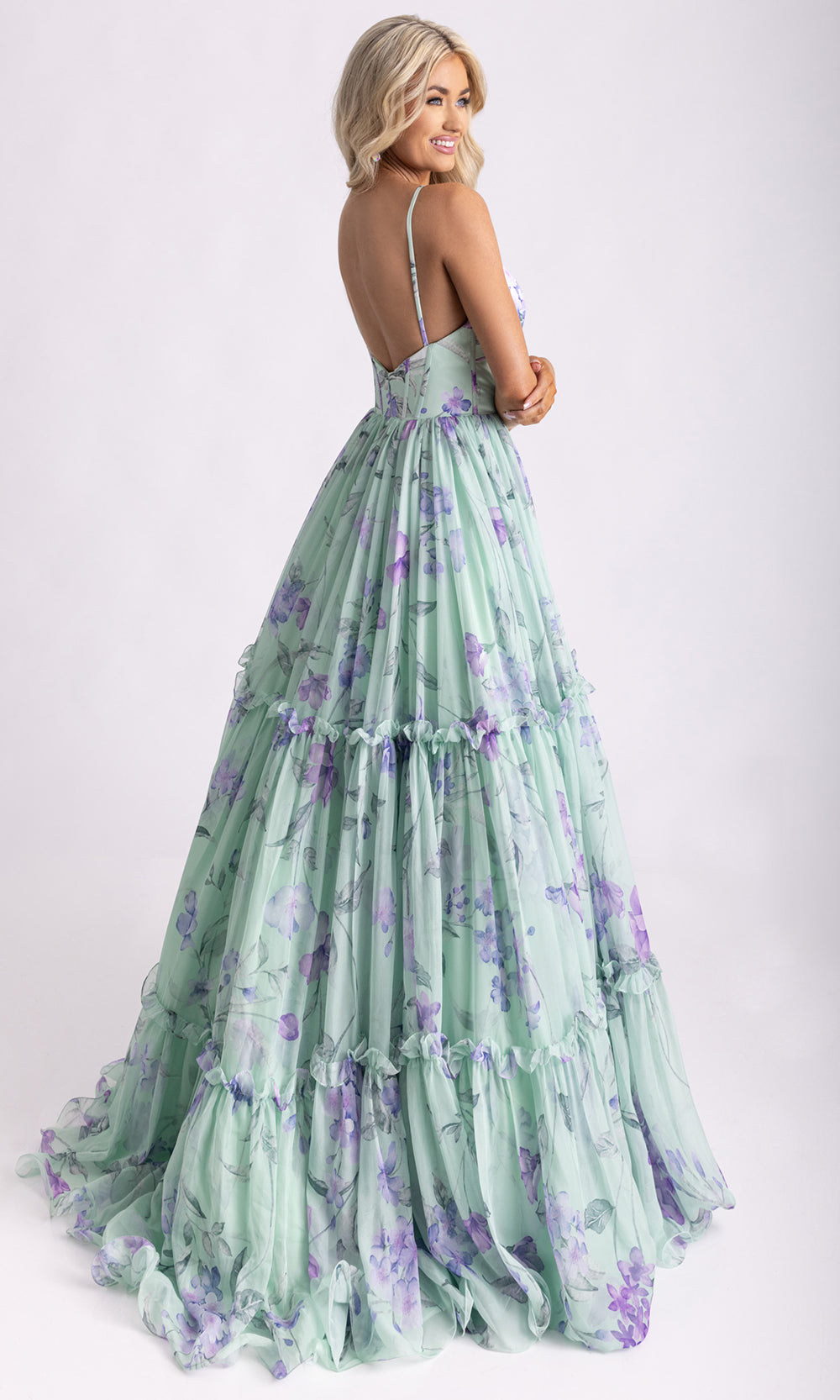 Rachel Allan 70935 - Open Back Floral Print Long Gown Prom Dresses in Green