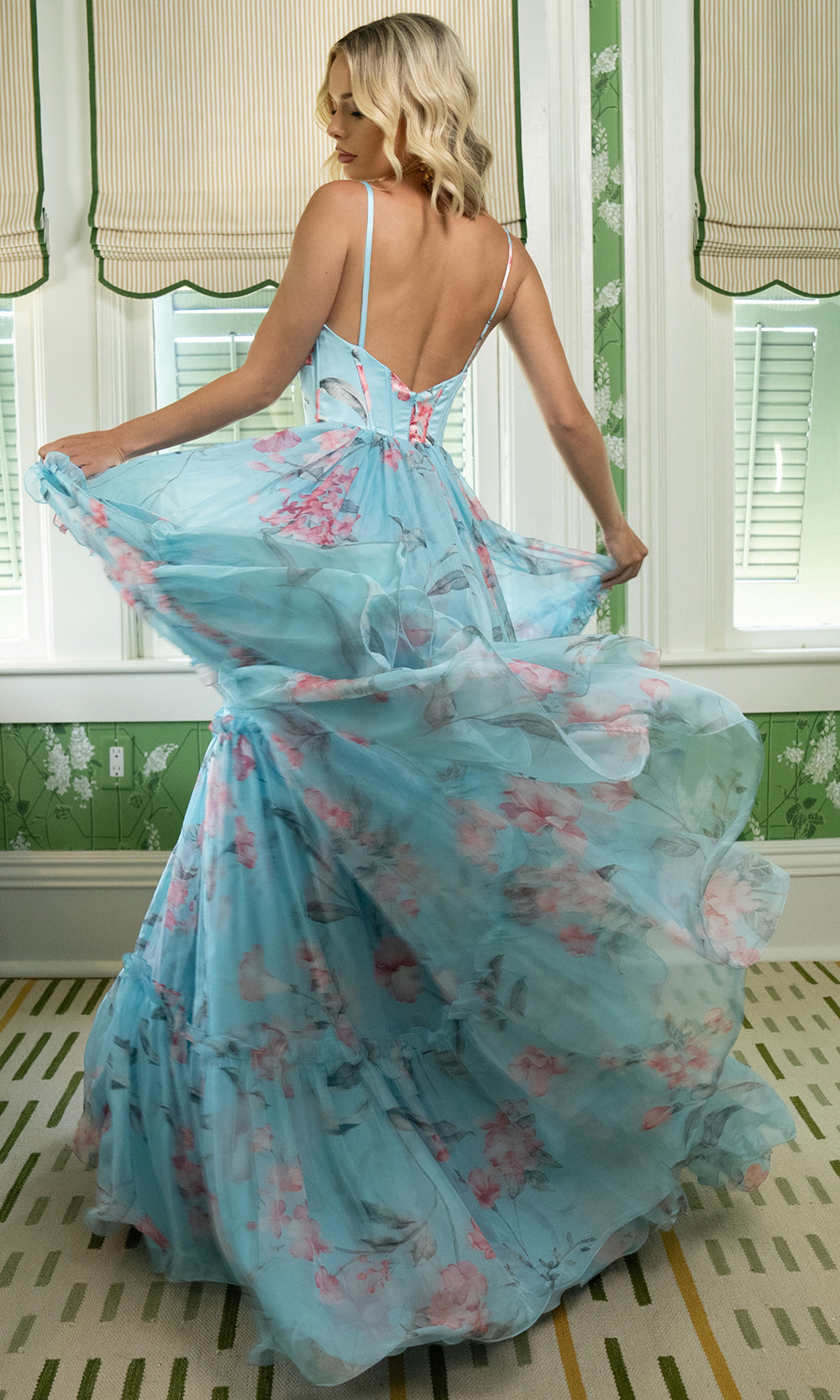 Rachel Allan 70935 - Open Back Floral Print Long Gown Prom Dresses in Blue