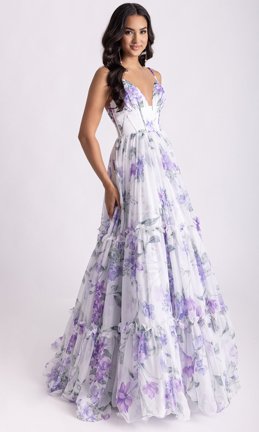 Rachel Allan 70935 - Open Back Floral Print Long Gown Prom Dresses in White