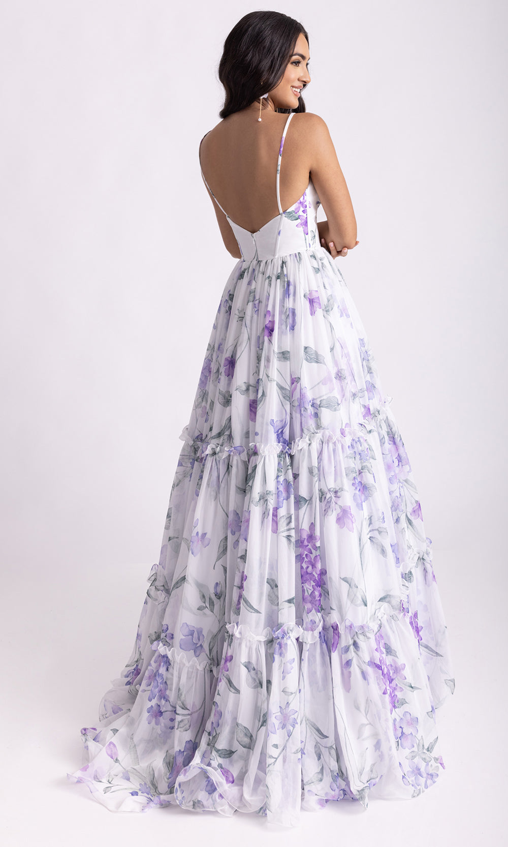 Rachel Allan 70935 - Open Back Floral Print Long Gown Prom Dresses in White