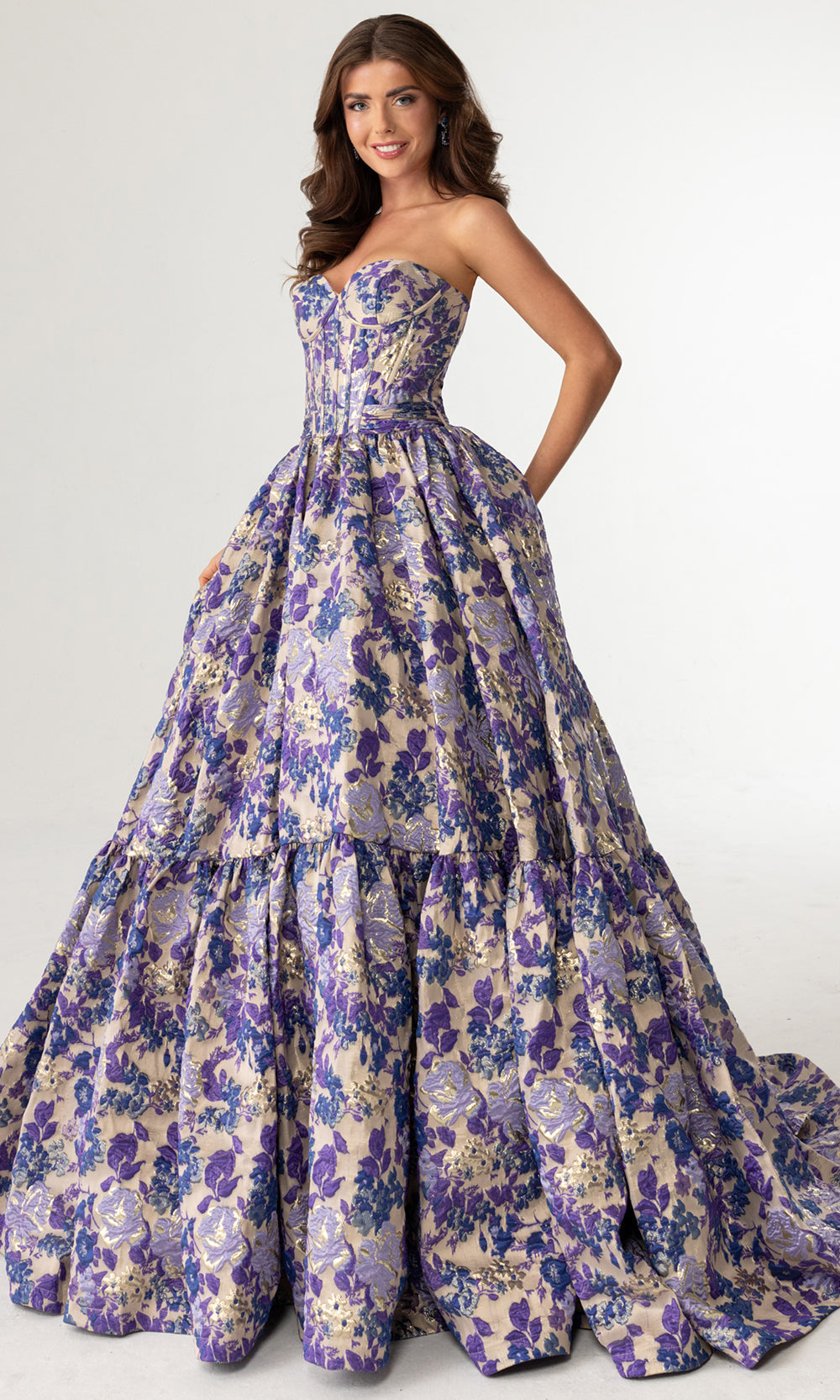 Rachel Allan 70939 - Floral Pattern Sweetheart Evening Gown Prom Dresses in Blue