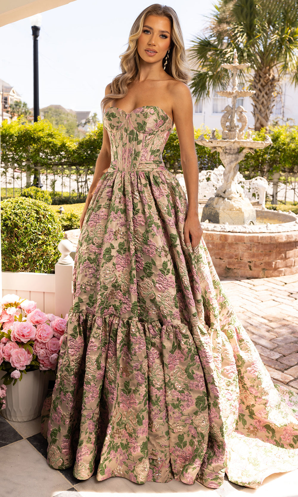 Rachel Allan 70939 - Floral Pattern Sweetheart Evening Gown Prom Dresses in Champagne