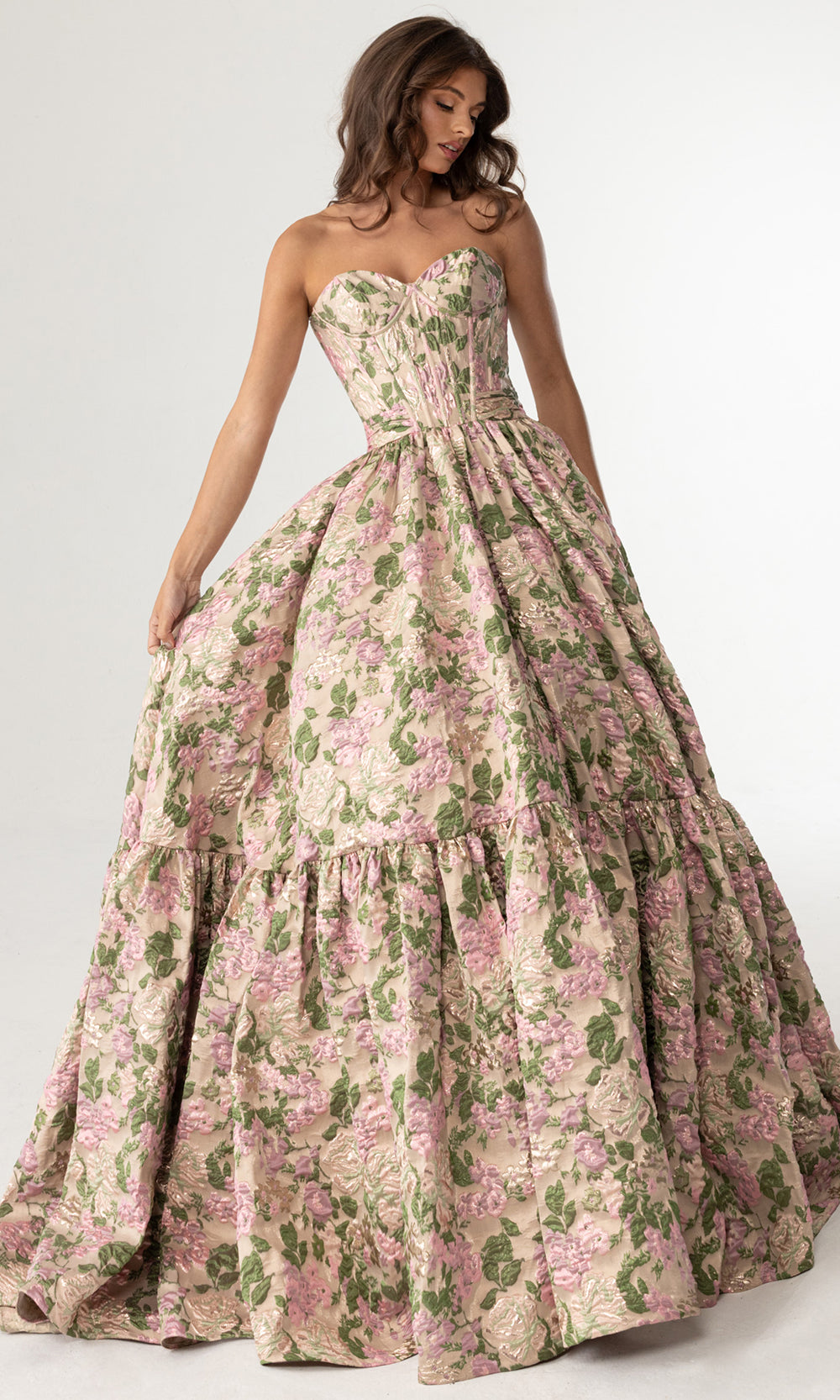 Rachel Allan 70939 - Floral Pattern Sweetheart Evening Gown Prom Dresses in Champagne