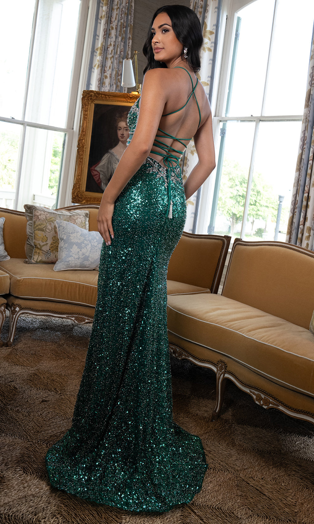 Rachel Allan 70941 - Illusion Cutout Beaded Bodice High Slit Gown Prom Dresses in Green