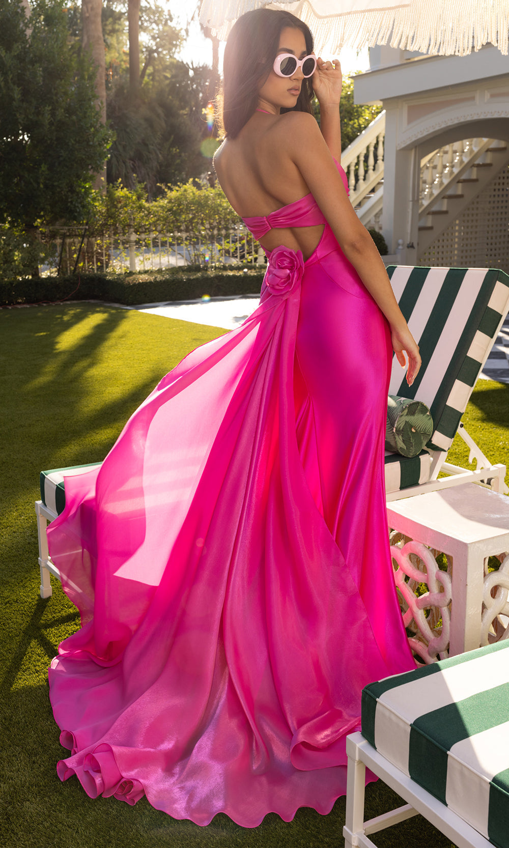 Rachel Allan 70945 - Plunging V-Neck Crystal Organza Slit Gown Prom Dresses in Pink