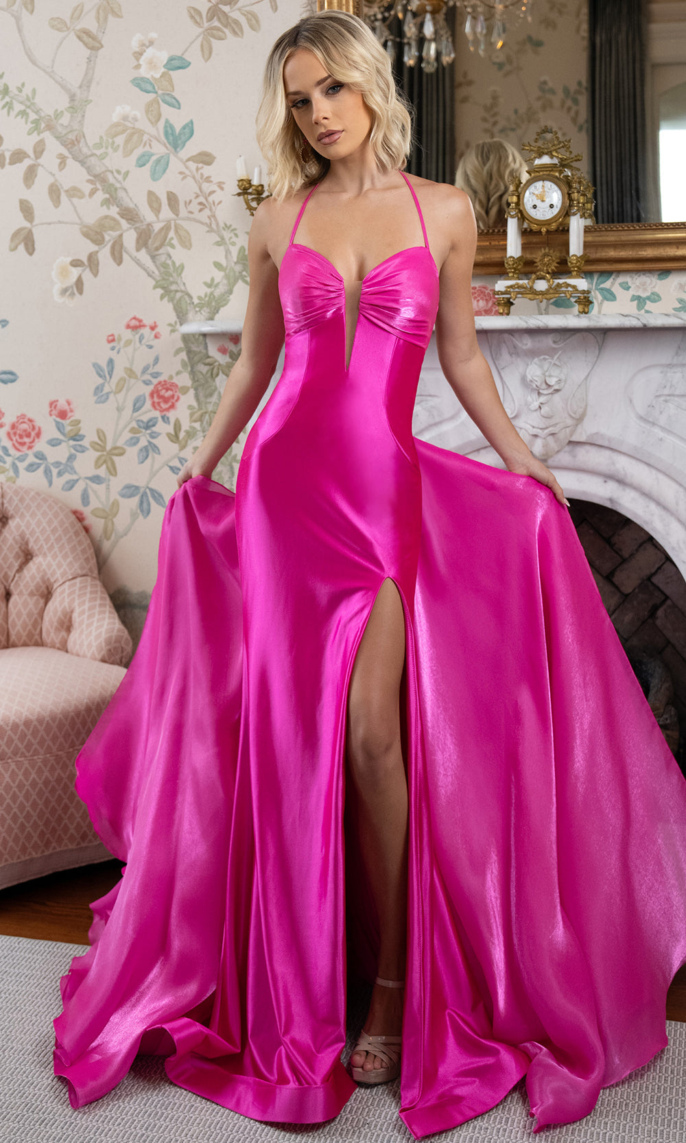 Rachel Allan 70945 - Plunging V-Neck Crystal Organza Slit Gown Prom Dresses in Pink