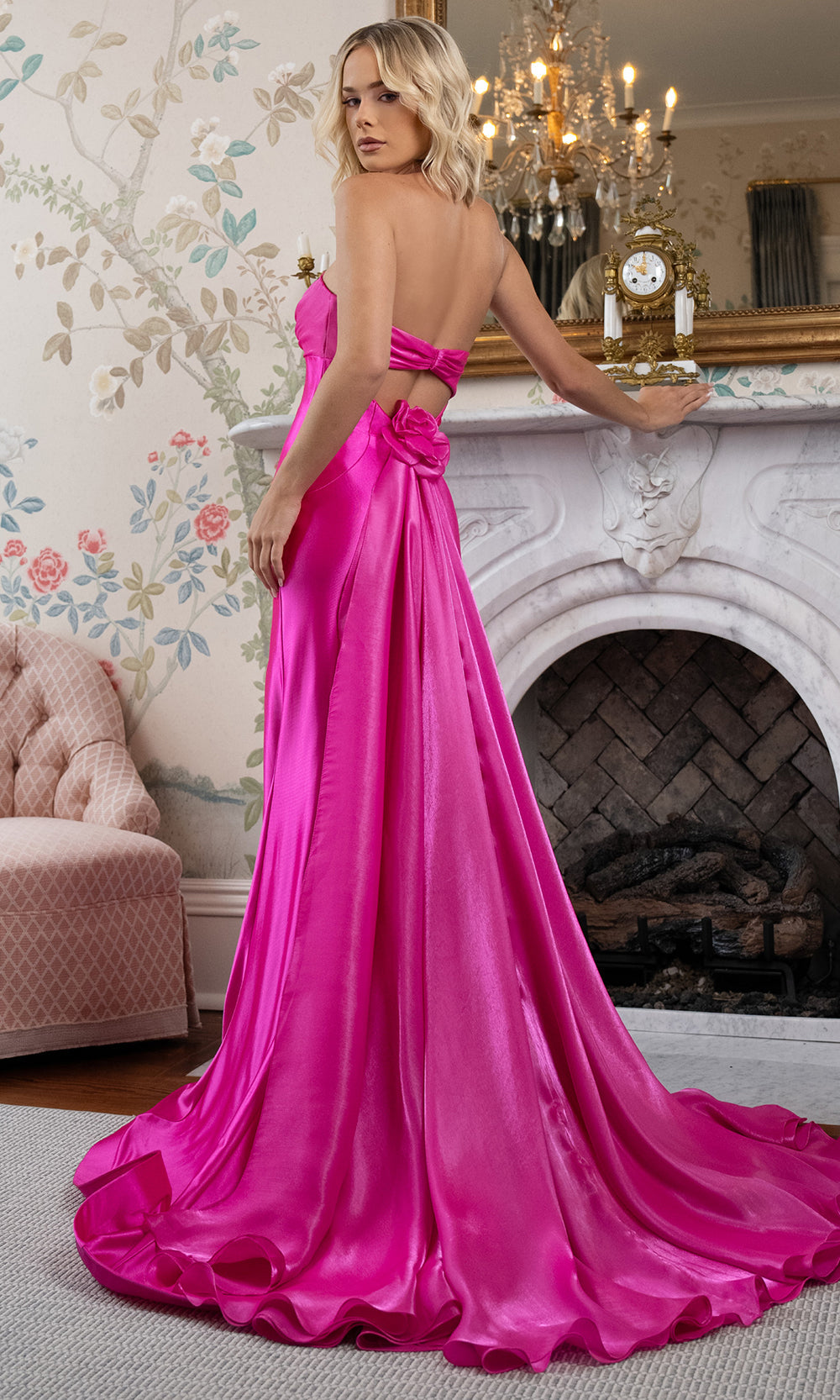 Rachel Allan 70945 - Plunging V-Neck Crystal Organza Slit Gown Prom Dresses in Pink