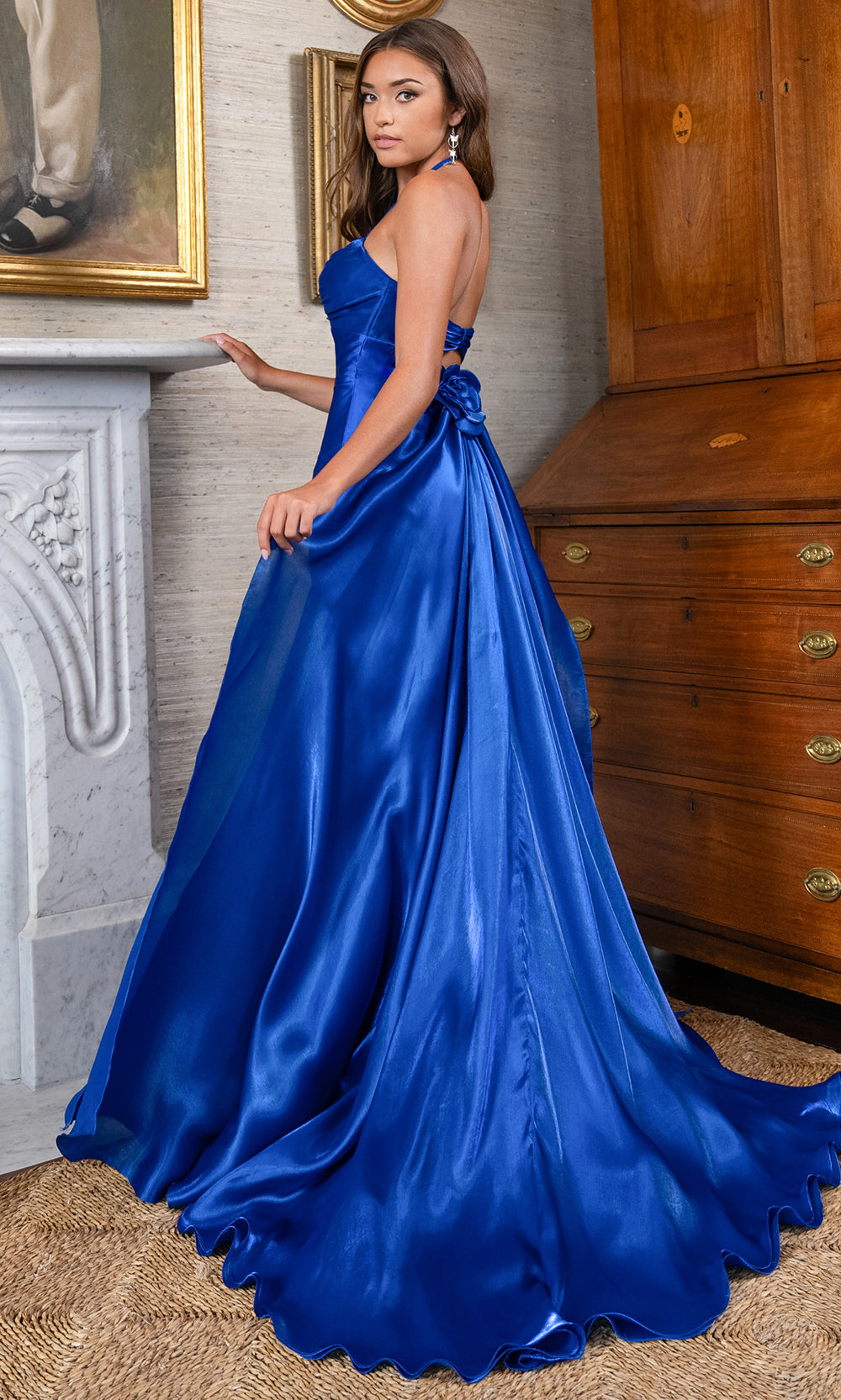 Rachel Allan 70945 - Plunging V-Neck Crystal Organza Slit Gown Prom Dresses in Blue