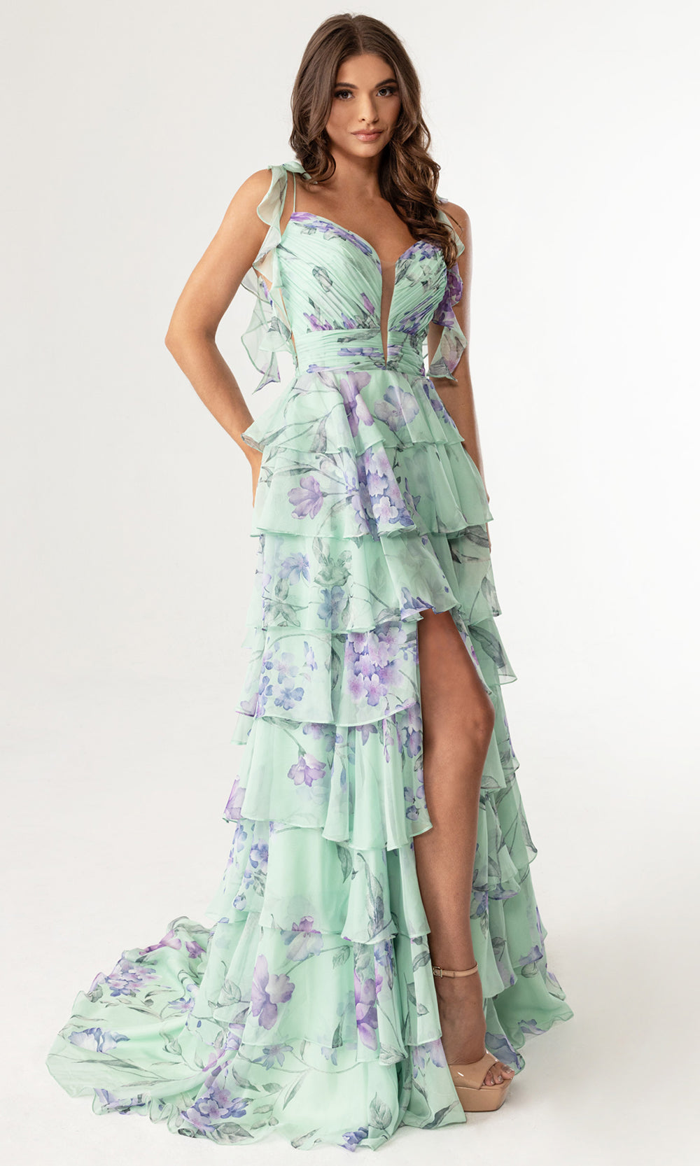Rachel Allan 70953 - Plunging Neck Floral Gown with Tied Straps Prom Dresses in Sage