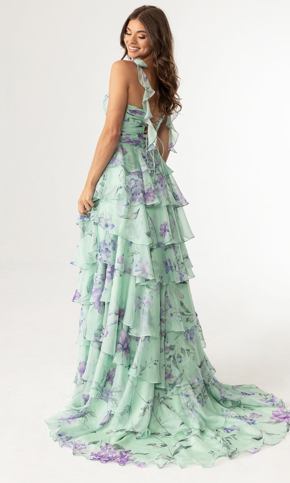 Rachel Allan 70953 - Plunging Neck Floral Gown with Tied Straps Prom Dresses in Sage