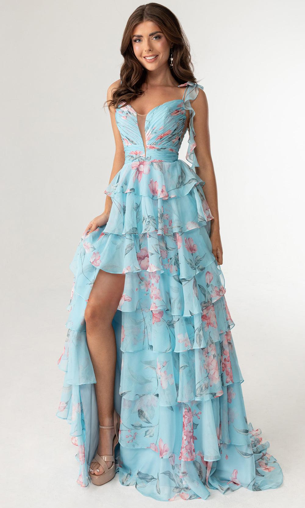 Rachel Allan 70953 - Plunging Neck Floral Gown with Tied Straps Prom Dresses in Blue