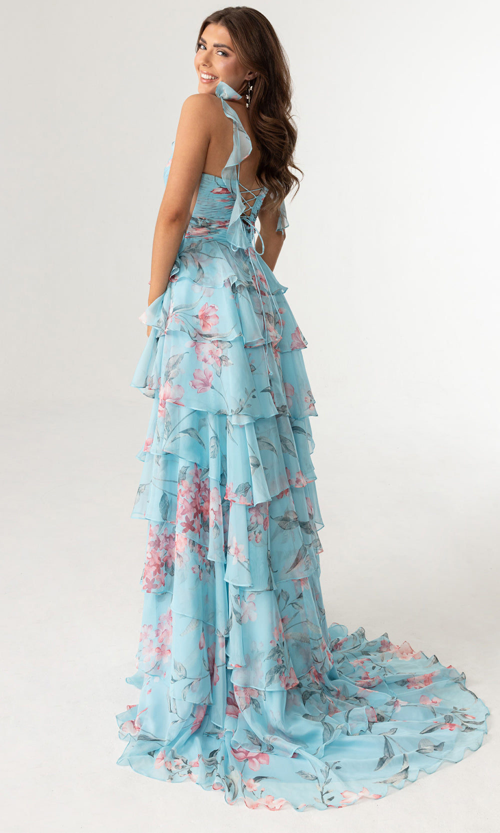 Rachel Allan 70953 - Plunging Neck Floral Gown with Tied Straps Prom Dresses in Blue