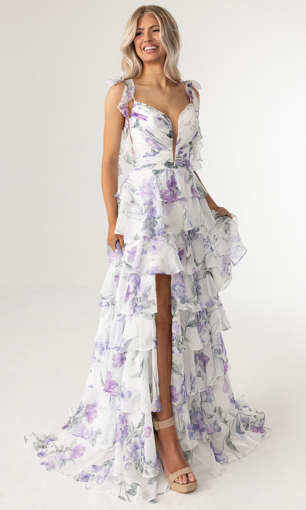 Rachel Allan 70953 - Plunging Neck Floral Gown with Tied Straps Prom Dresses in White