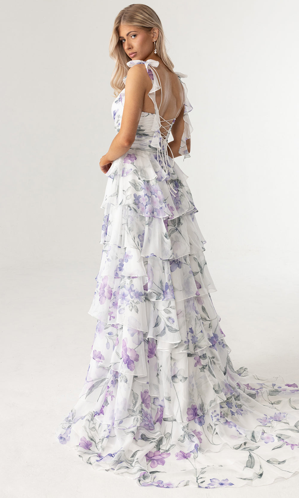 Rachel Allan 70953 - Plunging Neck Floral Gown with Tied Straps Prom Dresses in White