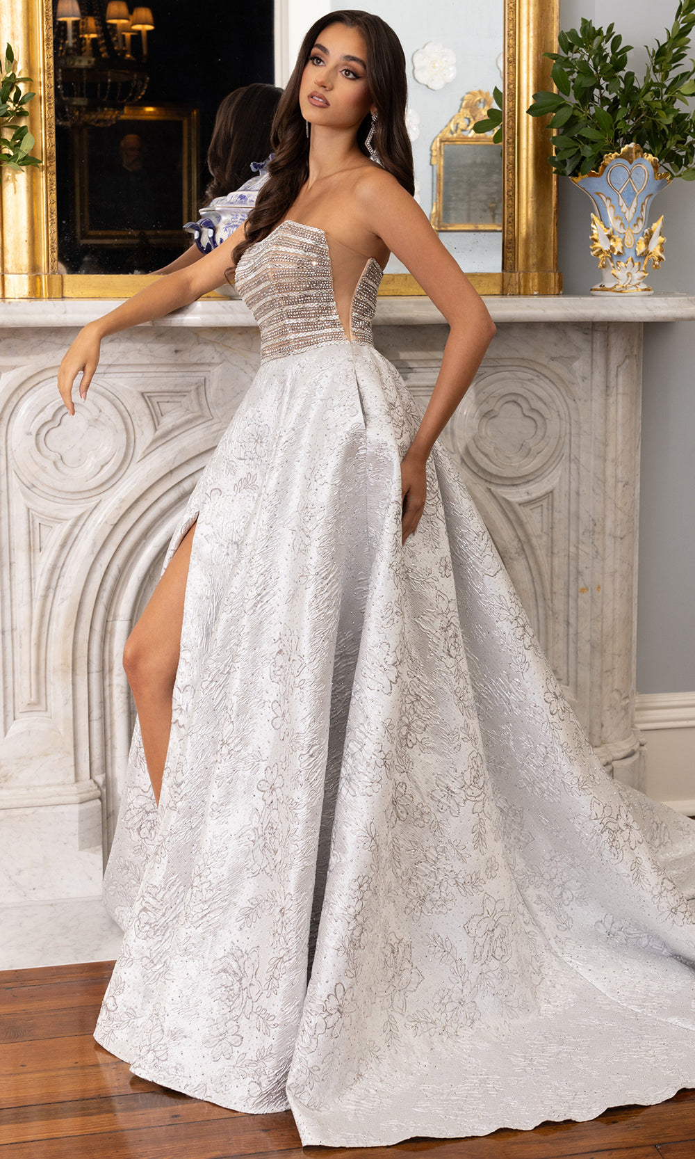 Rachel Allan 70956 - Straight Across Beaded Corset Ballgown Prom Dresses in Nude Silver