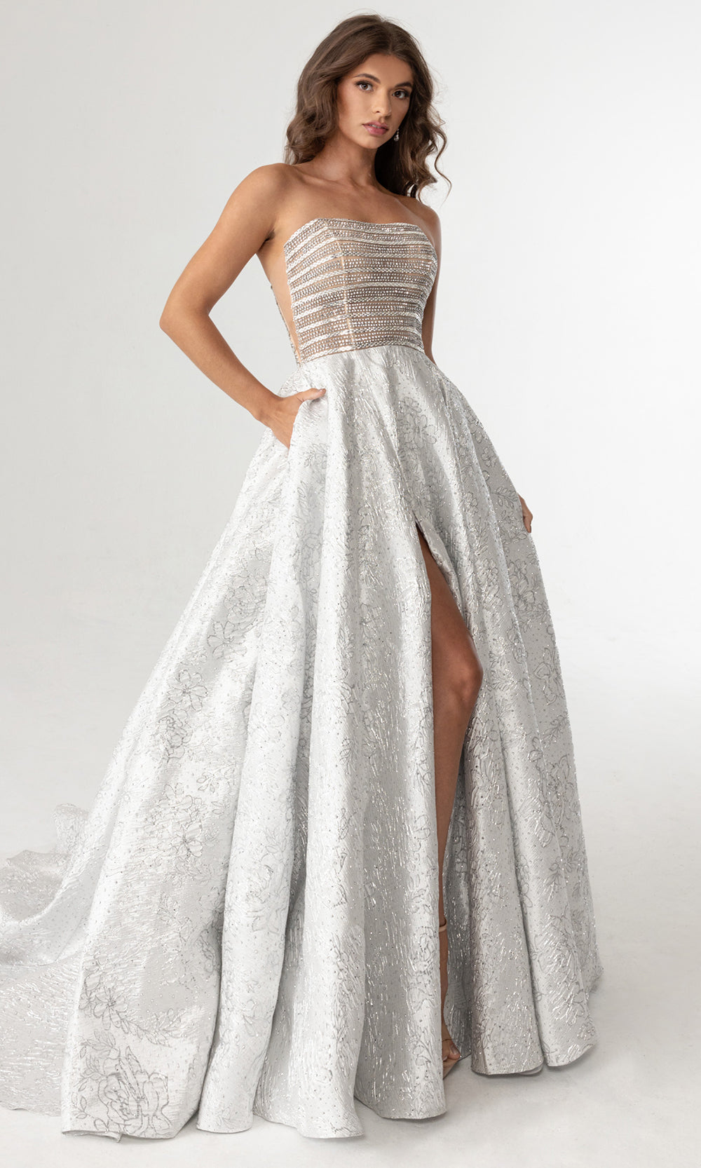 Rachel Allan 70956 - Straight Across Beaded Corset Ballgown Prom Dresses in Nude Silver