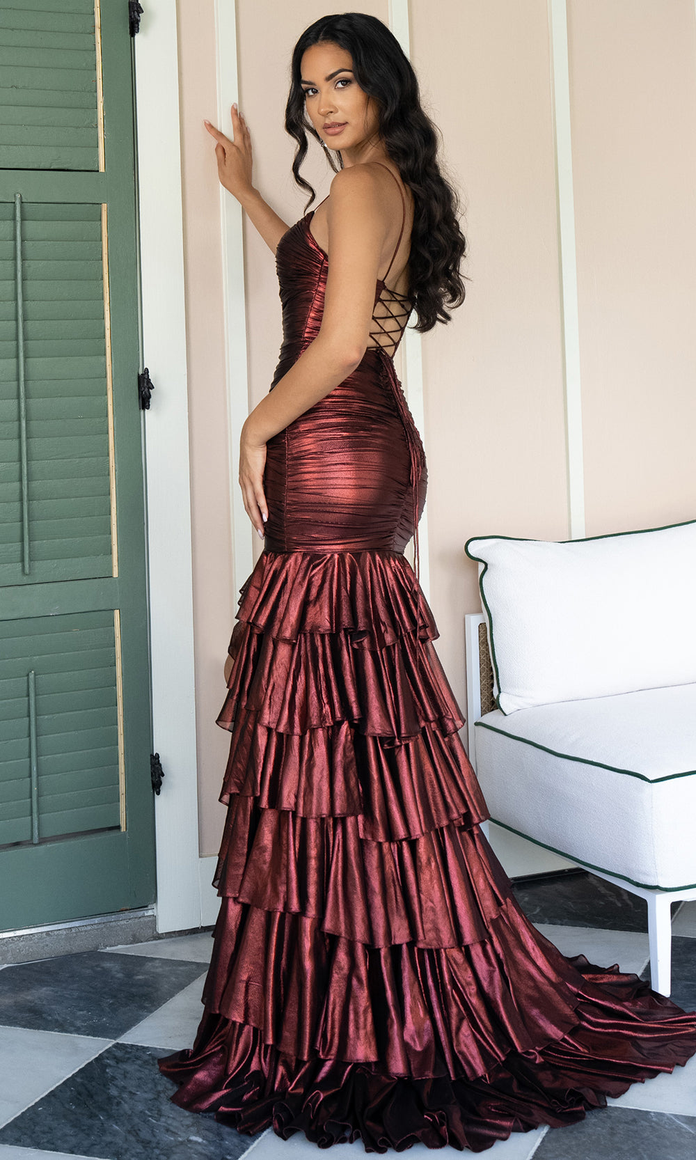 Rachel Allan 70959 - Knotted Bust Ruched Prom Gown with Tiered Ruffles Prom Dresses in Crimson