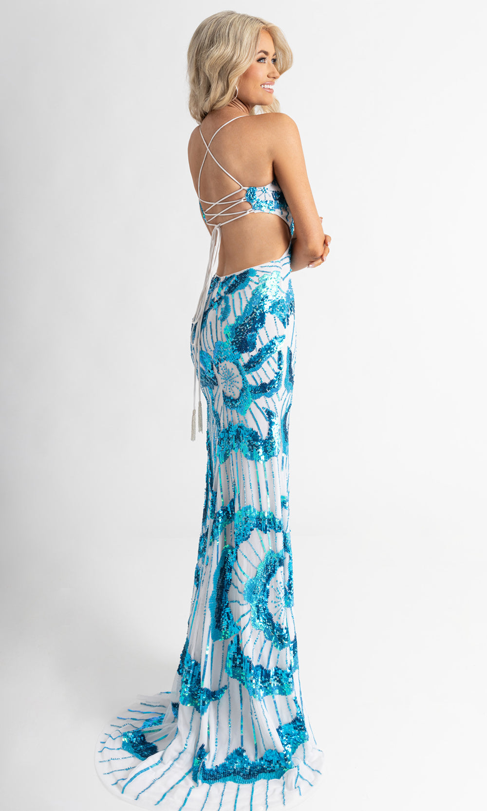 Rachel Allan 70962 - Fitted Slit Embellished Prom Gown Prom Dresses in White Blue