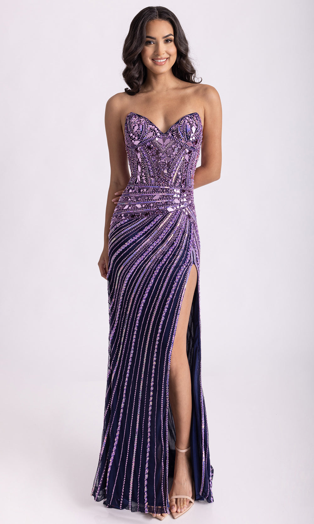 Rachel Allan 70964 - Strapless Beaded Tulle Gown with Side Slit Prom Dresses in Navy Lilac