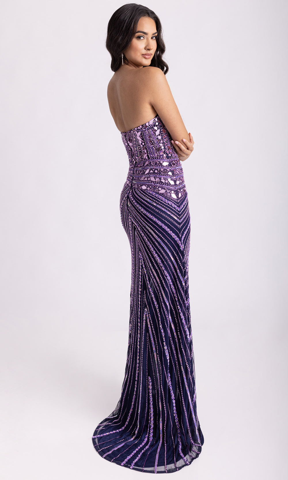 Rachel Allan 70964 - Strapless Beaded Tulle Gown with Side Slit Prom Dresses in Navy Lilac