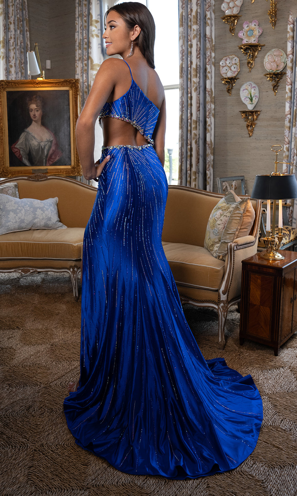 Rachel Allan 70965 - Side Cutout Asymmetric Neckline Evening Gown Prom Dresses in Blue