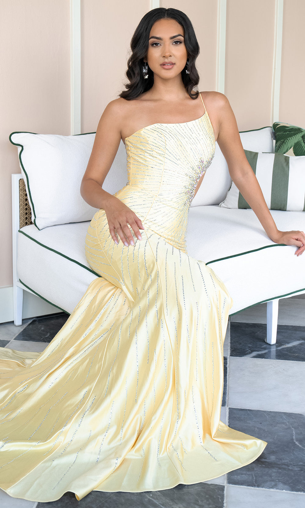 Rachel Allan 70965 - Side Cutout Asymmetric Neckline Evening Gown Prom Dresses in Yellow